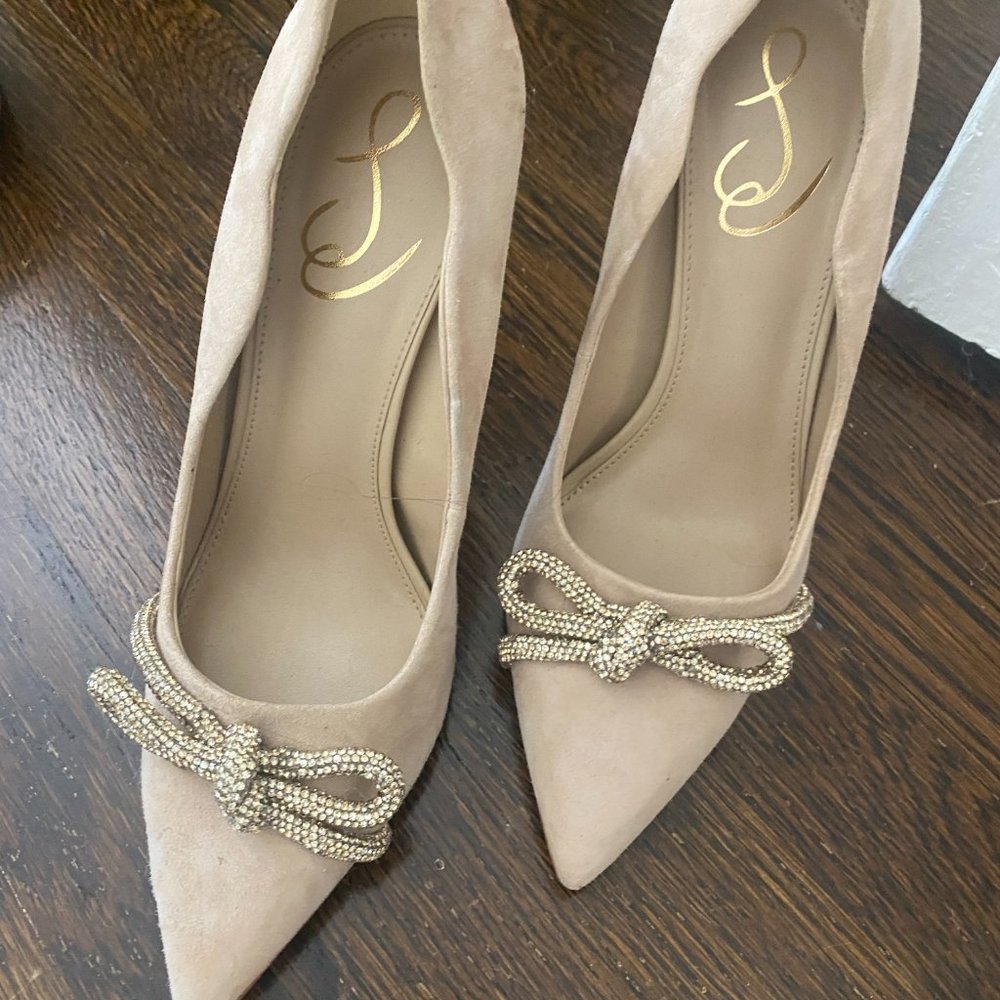 Sam Edelman Blush Pink Pointed Toe Crystal Bow Pumps